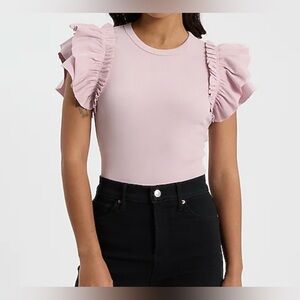 Express Ribbed Pink Ruffle Sleeve Crewneck Top L